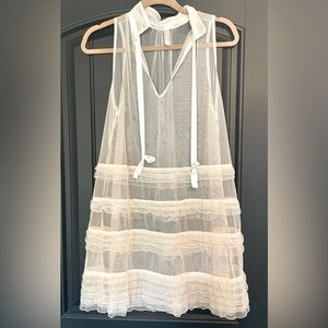 FREE PEOPLE Sheer Ivory Mesh Dress w Lace Ruffles and Satin and Trim Sz S